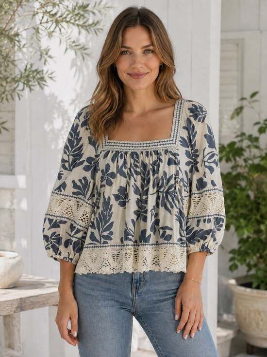 Christian Siriano Tops - Christian Siriano Top Blue White Floral Bell Sleeve Linen Women M Boho Resort